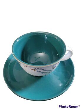 Denby England Stoneware Teacup Saucer Rooster Hawk Signed A Colledge 1918 1950